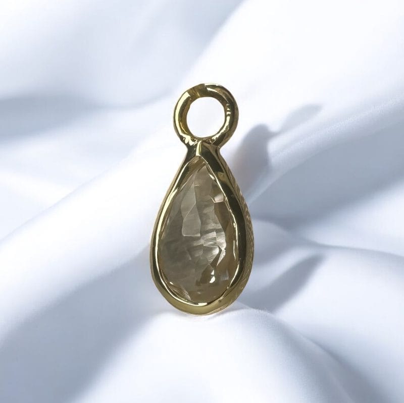 14k Gold Briolette Teardrop Clear Quartz Charm