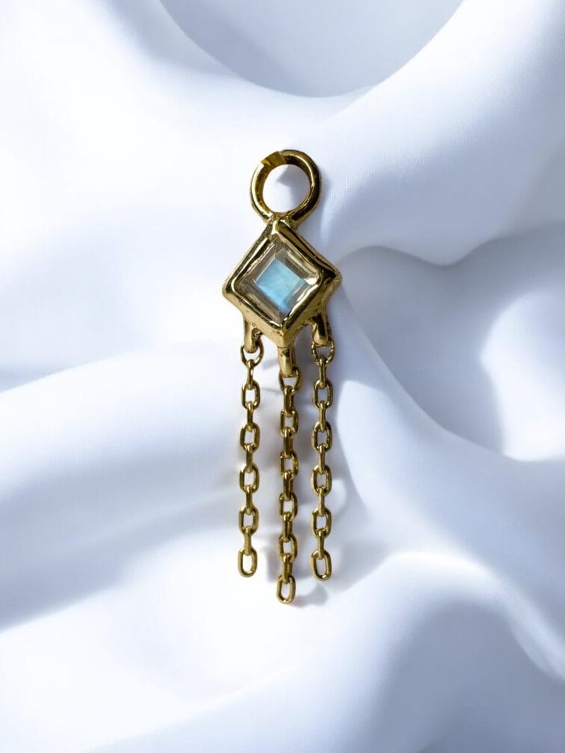 14k Gold Princess Cut Rainbow Moonstone Tassel Charm